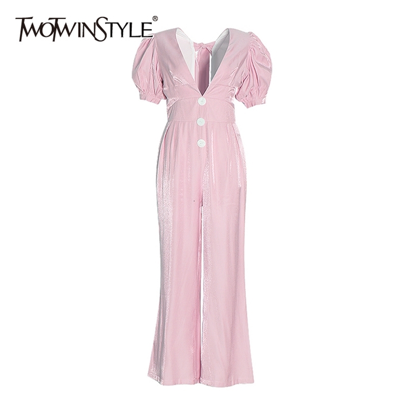 Pink Bowknot Jumpsuit For Women V Neck Puff Short Sleeve Ruched High Waist Wide Leg Pants Jumpsuits Female 210521
Pink Bowknot Jumpsuit For Women V Neck Puff Short Sleeve Ruched High Waist Wide Leg Pants Jumpsuits Female 210521
