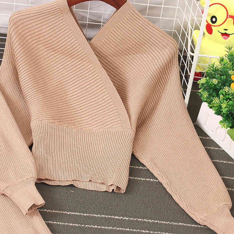 Elgant Fashion Women Shining Knitted Two Pieces Set Autumn Winter V Neck Bat Sleeve Sweater Top Elastic Wide Leg Long Pants 210506