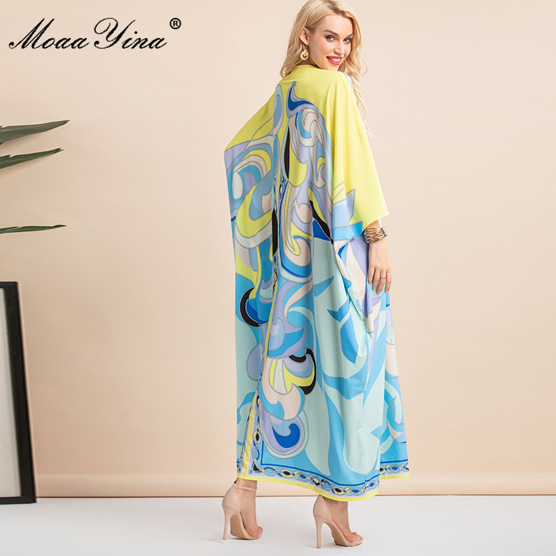 Women's Summer Long Dress Bohemian Style Multicolor V-Neck Batwing Sleeve Print Loose Maxi-Lenght Party 210524
