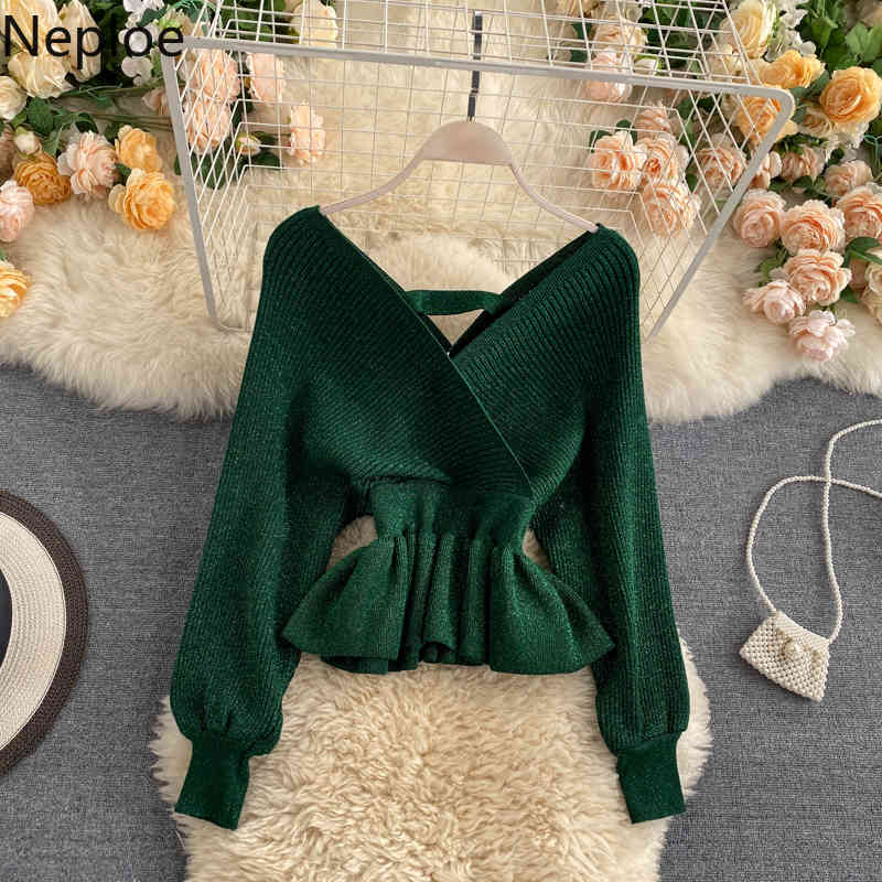 Neploe Bling Sweater Knitted Cropped Pullovers Temperament V-neck Slim Waist Jupmer Ruffles Long Sleeve Knitwear Tops 95499 210422