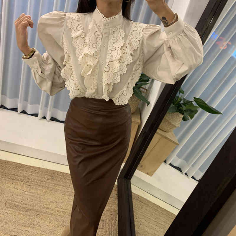 Nomikuma Women Blouse Lace Ruffle Patchwork Stand Neck Lantern Long Sleeve Shirt Korean Elegant Causal Blusas Mujer 6D462 210427