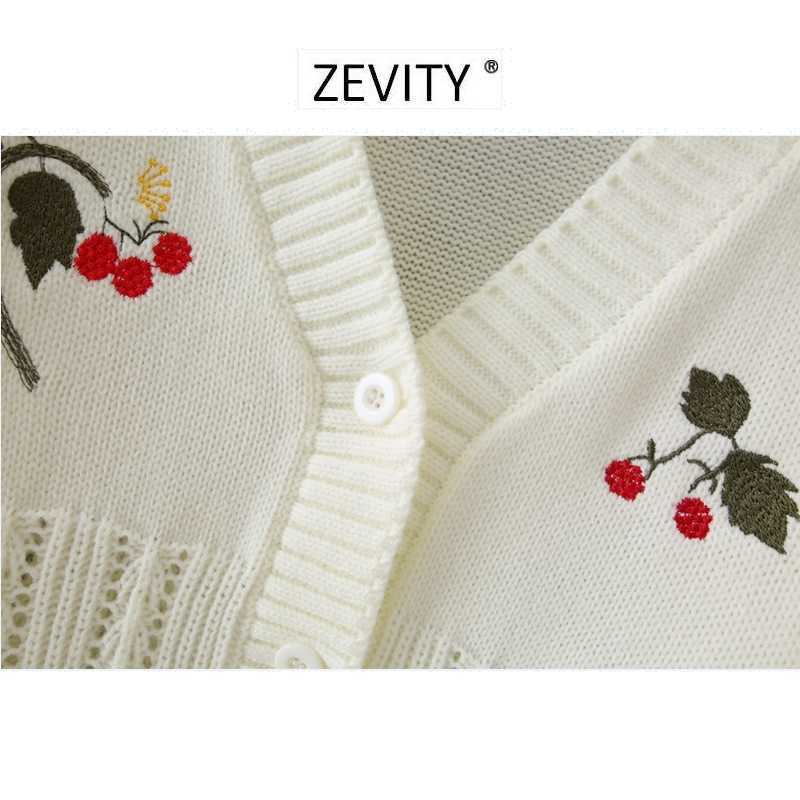 Zevity women elegant v neck flower Embroidery Cardigan Sweater chic female hollow out patchwork short Knitted crop tops S346 210603