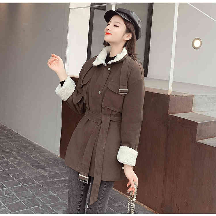 Winter Thickened Waist Thin Lamb Wool Mid-long Cotton Parkas Women Long Sleeve Stand Collar Slim Jacket 210514