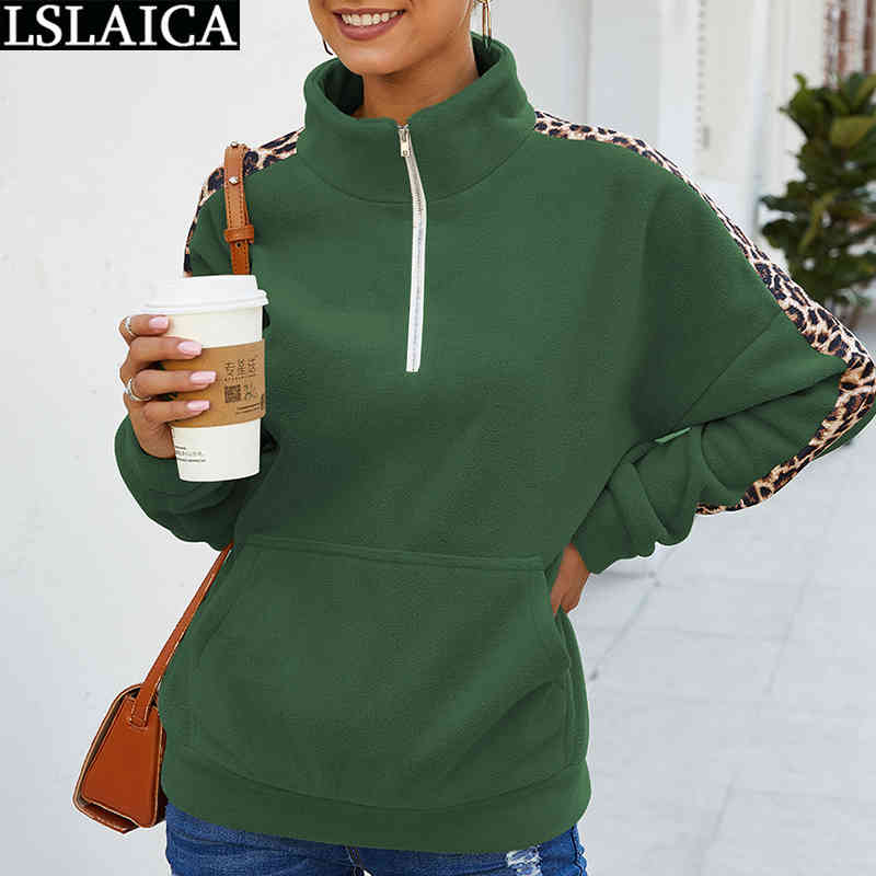 Long Sleeve Autumn Clothes Women Stand Collar Zipper Leopard Print Patchwork Pullover Loose Pockets Streetwear Sweatshirts 210520