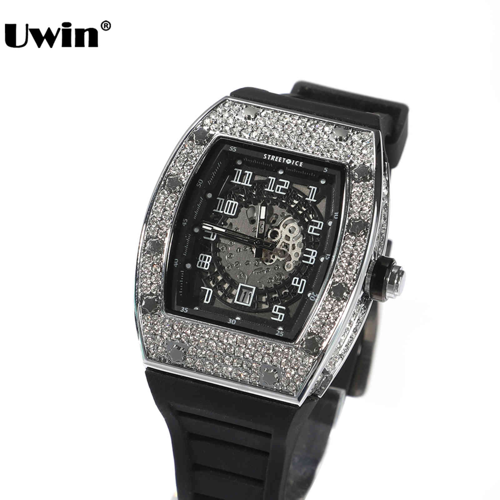 UWIN Square Dial Watch Full Rhinestones Iced Out Silver Color Quartz Wrist Watches with Black Belt for Men Women Fashion Gift
UWIN Square Dial Watch Full Rhinestones Iced Out Silver Color Quartz Wrist Watches with Black Belt for Men Women Fashion Gift