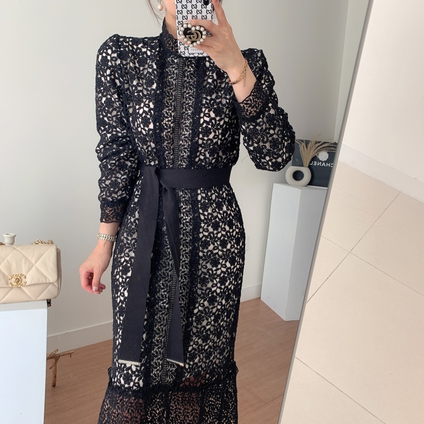 Korean Women Elegant Temperament Lace Hook Flower Dress Stand Collar Long Sleeve High Waist Mermaid Slim Robe Vestidos 210519