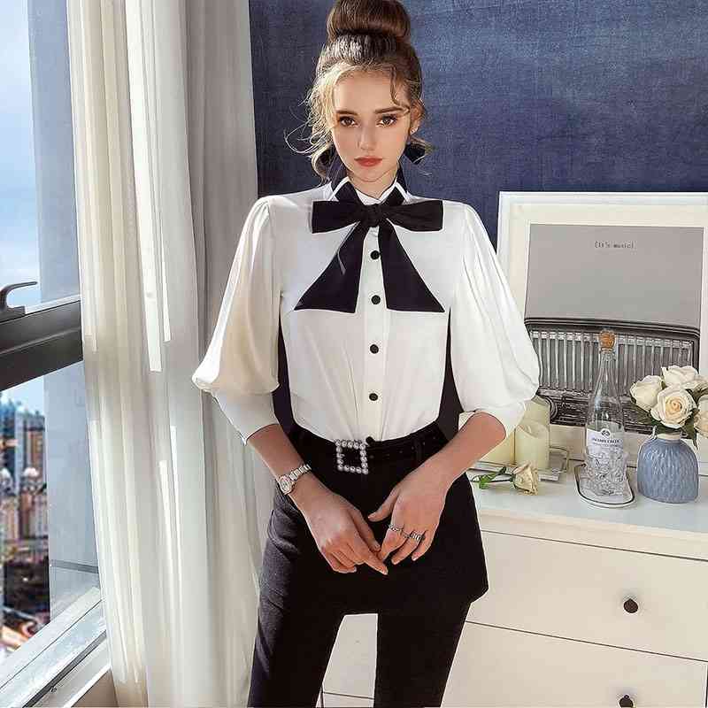 Dabuwawa Elegant Women Blouse Shirts Casual Office Lady Bow Tie Blouses Shirt Solid Work Wear Blusas Mujer Tops DO1AST027 210520