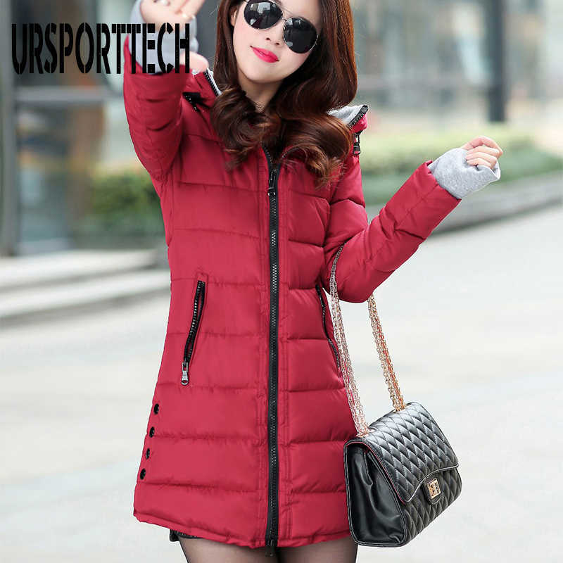 URSPORTTECH Winter Jacket Women Hooded Long Parka Warm Slim Winter Coat Woman Puffer Jacket Oversized Padded Outwear Coat Women 210528