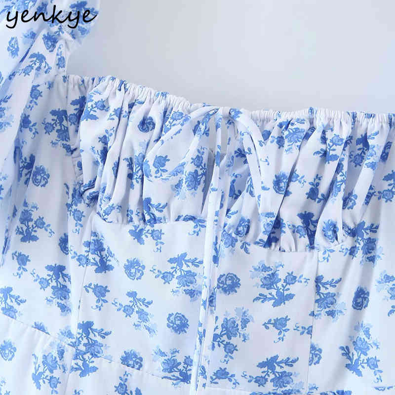 Blue Floral Print Elegant Long Maxi Dress Women Square Neck Short Sleeve Sexy Slits A-line Summer Robe Longue 210430