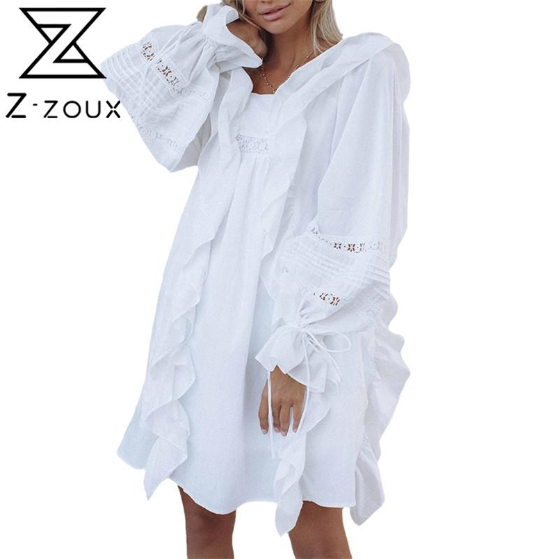 Getspring Women Dress Lantern Sleeve Ruffles Patchwork White Black Loose es Long Hollow Out Girls Summer 210513