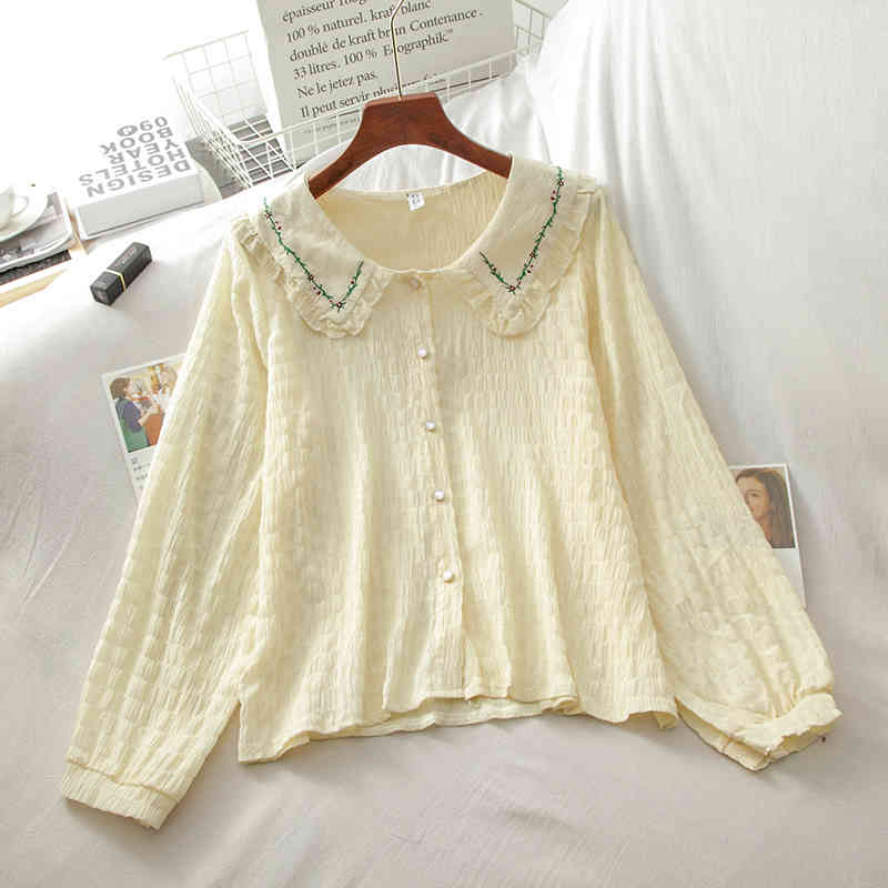 Kimutomo Chic Fungus Embroidered Blouse Female Peter Pan Collar Spring Long-sleeved Single Breasted Shirt Elegant Casual 210521
