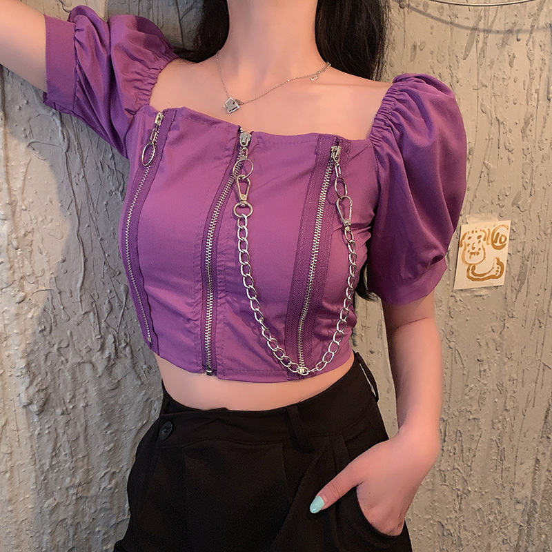 summer streetwear t shirt women zipper chains fashion short sexy ropa mujer puff sleeve t-shirt retro tops 17334 210415