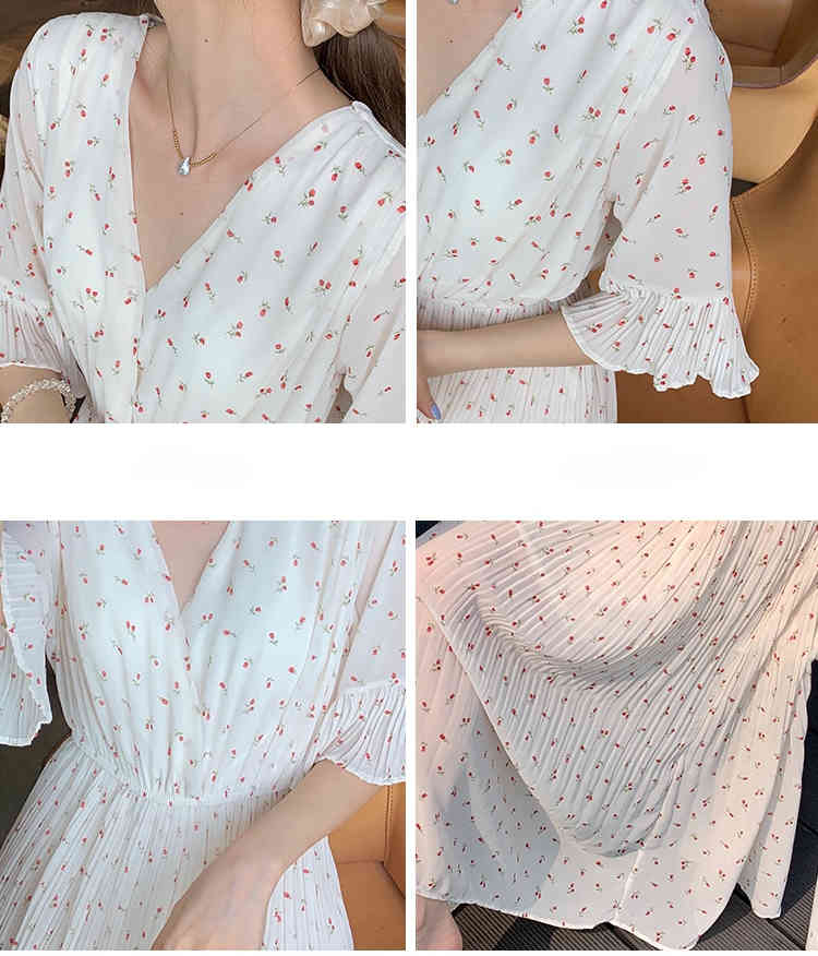Elegant Pleated Women Dress Summer Floral Print V-neck Flare Sleeve Midi Female Slim Waist Party Vestidos 210429