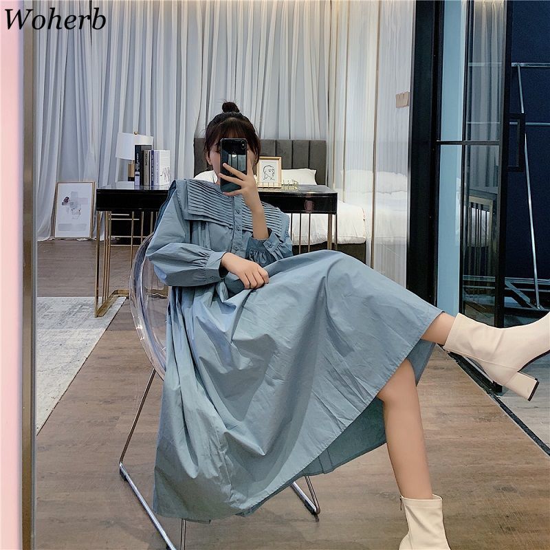Korean Fashion Loose Long-sleeved Dress Women's Spring Summer Gothic Pleated Midi Dresses Vestido Feminino 210519