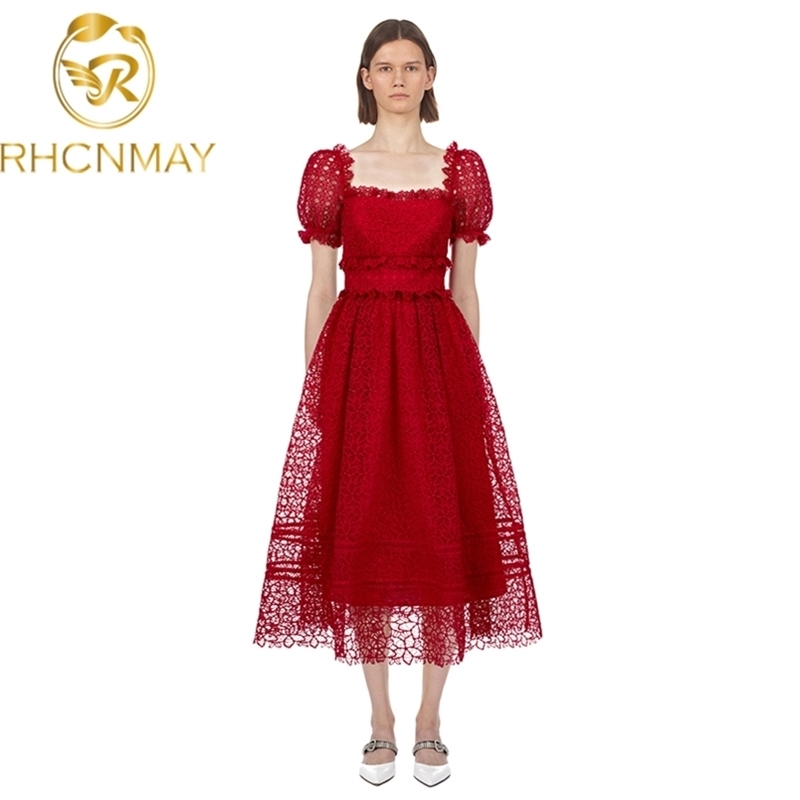 Runway Summer Self Portrait Women Square Collar Ruffles Long Dresses Puff Sleeve Hollow Out High Waist Holiday Party Dress 210506