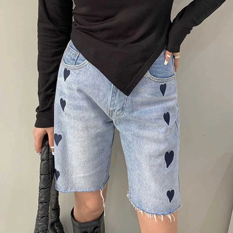 Genayooa Streetwear Denim Shorts Women Print Heart Chic High Waist Biker Jeans Feminino Summer Korean Style Ladies 210714