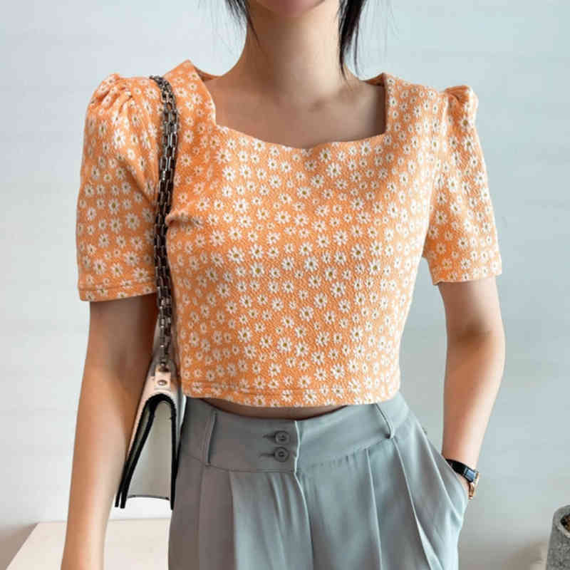 Square Collar Puff Sleeve Shirt Women Korean Chic Floral Daisy Print Crop Top Blouse Summer Casual All Match Blusas 210519