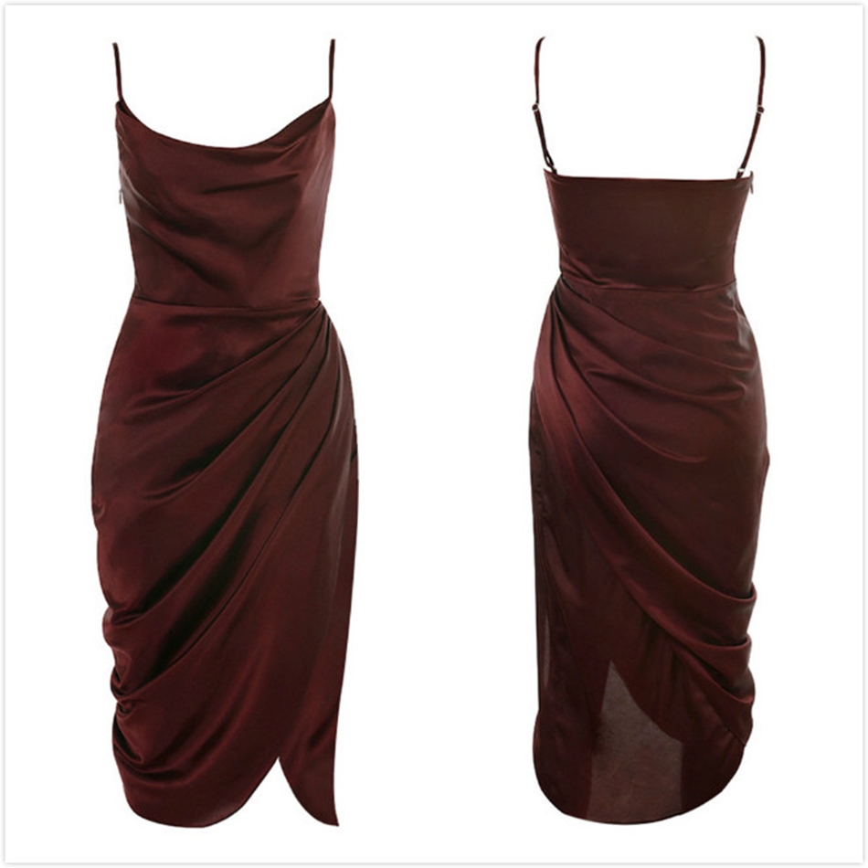 Free Burgundy Satin Dress Sexy Spaghetti Strap Sleeveless Bodycon Draping Club Runway Party Vestidos 210524