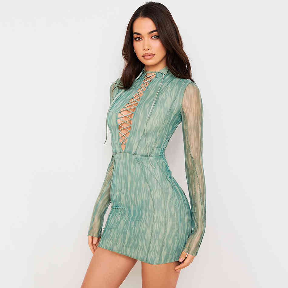 Summer Ladies High-Quality Fashion Print Hollow Long-Sleeved Tight-Fitting Mini Sexy Star Party Dress Vestidos 210525