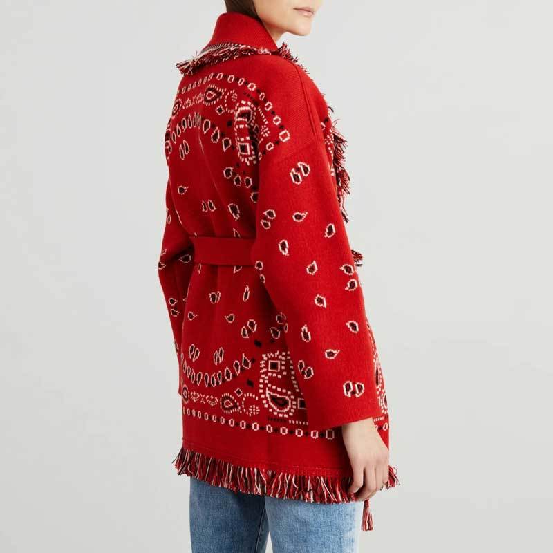 Red Cashmere Blend Fringed Cardigan Oversized Long Sleeve Bohemian Winter Coat 2024 - Geometric Jacquard, V-Neck, Open B3