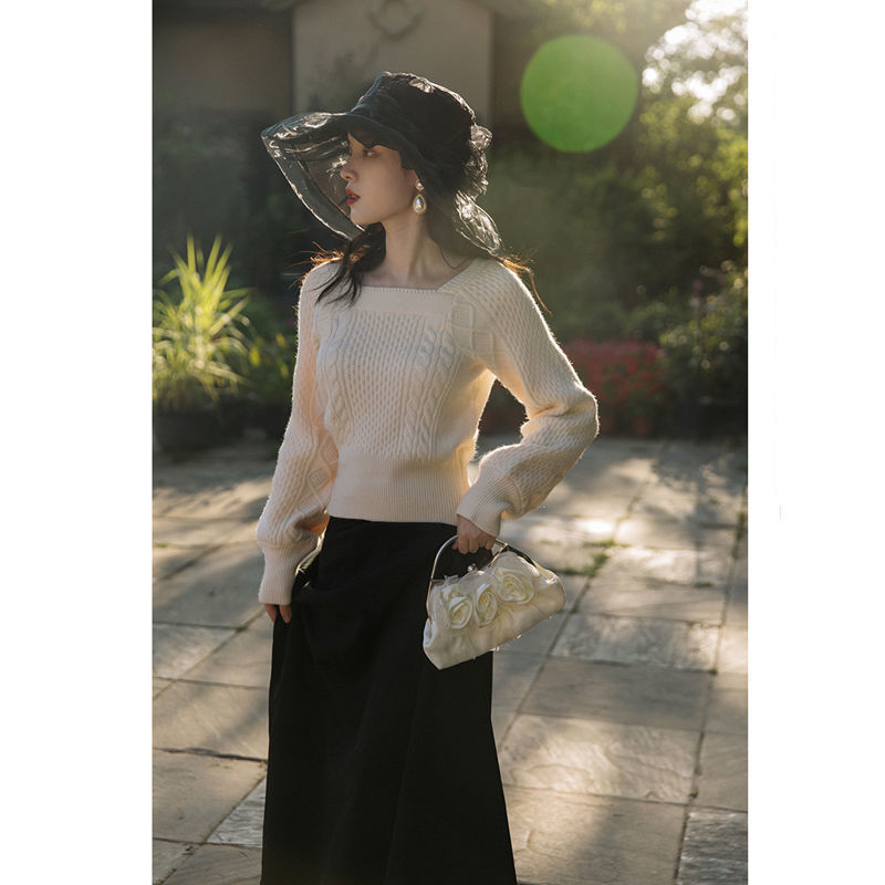 2 Piece Set Women French Elegant Suit Female Vintage Square Collar Knitted Sweater+ Bow Lace-Up Skirt Korean Winter Outfits 210521