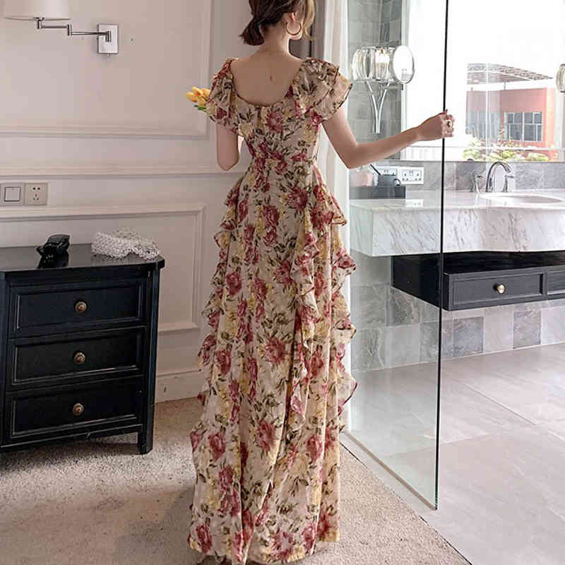 French Elegant Vintage Dress Women Floral Floor-Length Beach Dress Sexy Wedding Party Long Dress Female Korea Style Summer 210409
