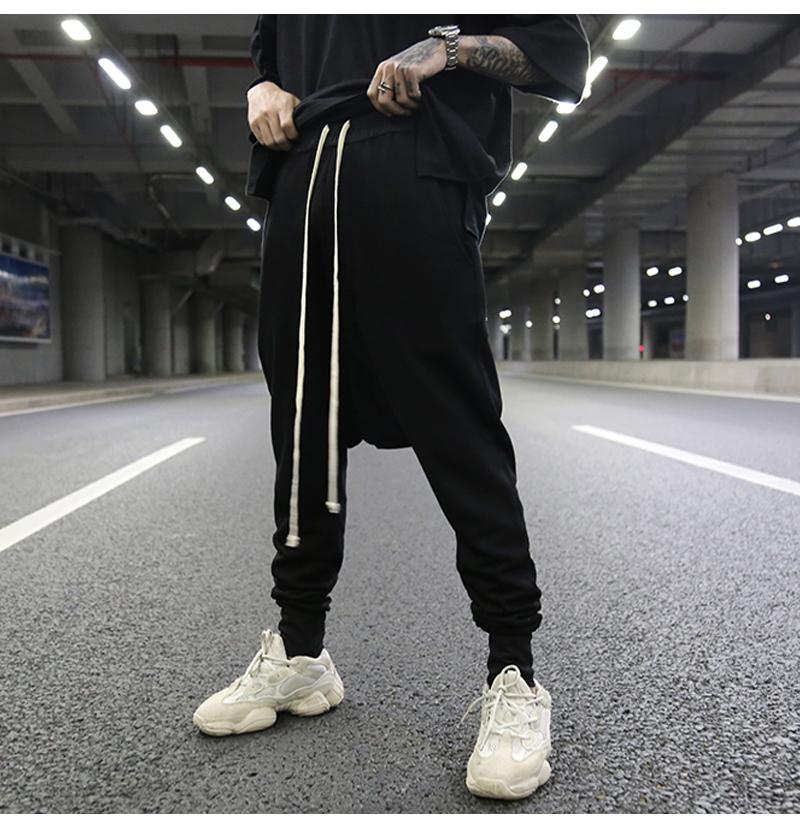 Dark Style Classic All-match Suspending Crotch Leggings Trousers Trendy With The Same Paragraph Terry Cotton Black Casual Pants Men's
