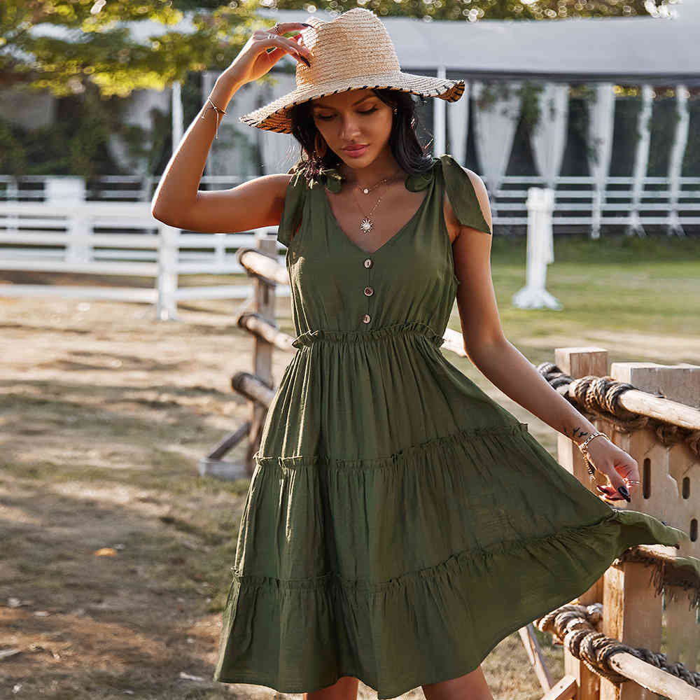 women summer dress fashion Cotton A-Line V-Neck Spaghetti Strap Buttons Solid Casual Women pleasted knee length dresses 210524