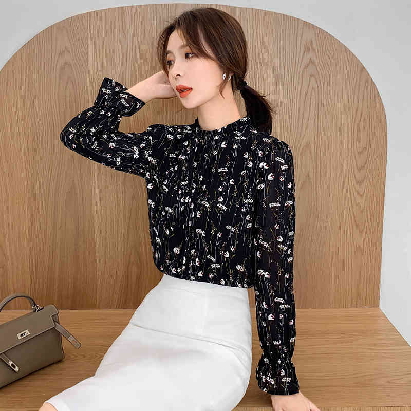 Arrival Stand Collar Blouse Women Korean Fashion Clothing Print Long Sleeve Chiffon Tops and 6755 50 210506
