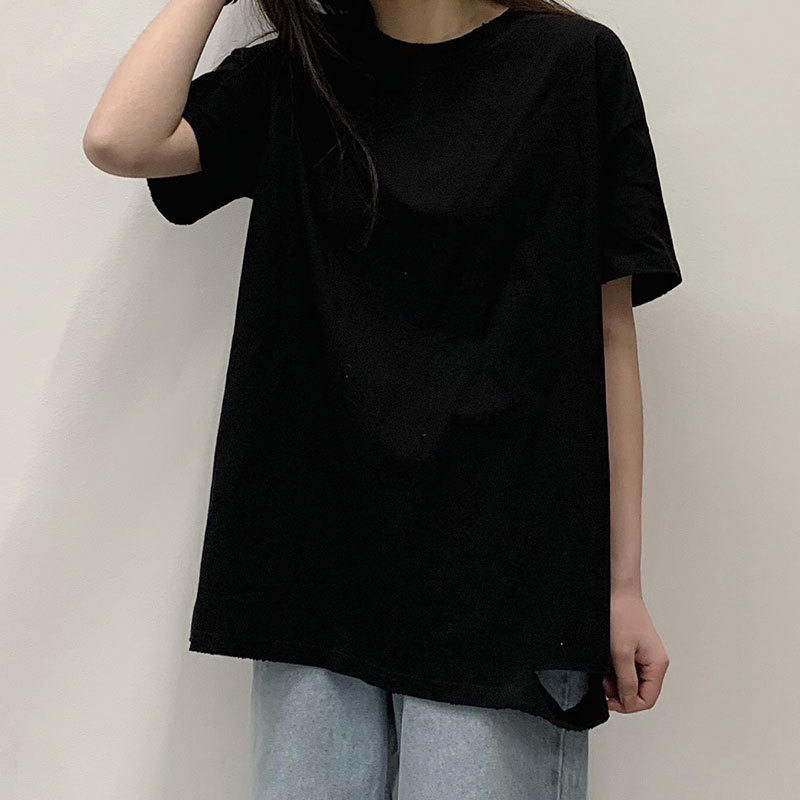 2Colors Summer korean style Soild Color Short Long Sleeve t-shirt Womens Ripped Loose tops Tees shirt femme (X1811) 210423