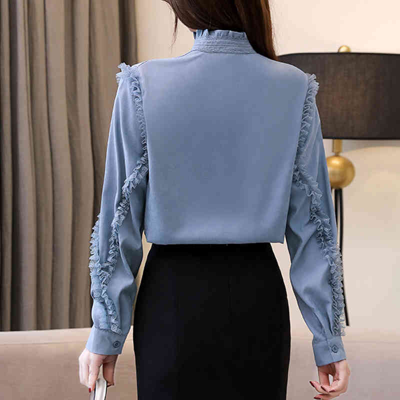 Long Sleeve Solid Blouse Women Shirt OL Casual Bow Collar Cardigan Clothes Blue Pink Camisas Mujer 6946 50 210508