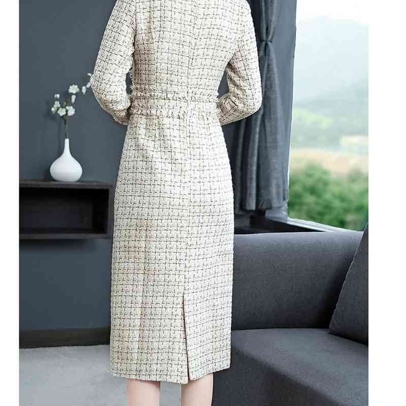 Runway Dress Women Winter Long Sleeve Beading Plaid Straight Tweed Woolen Vestidos 210520