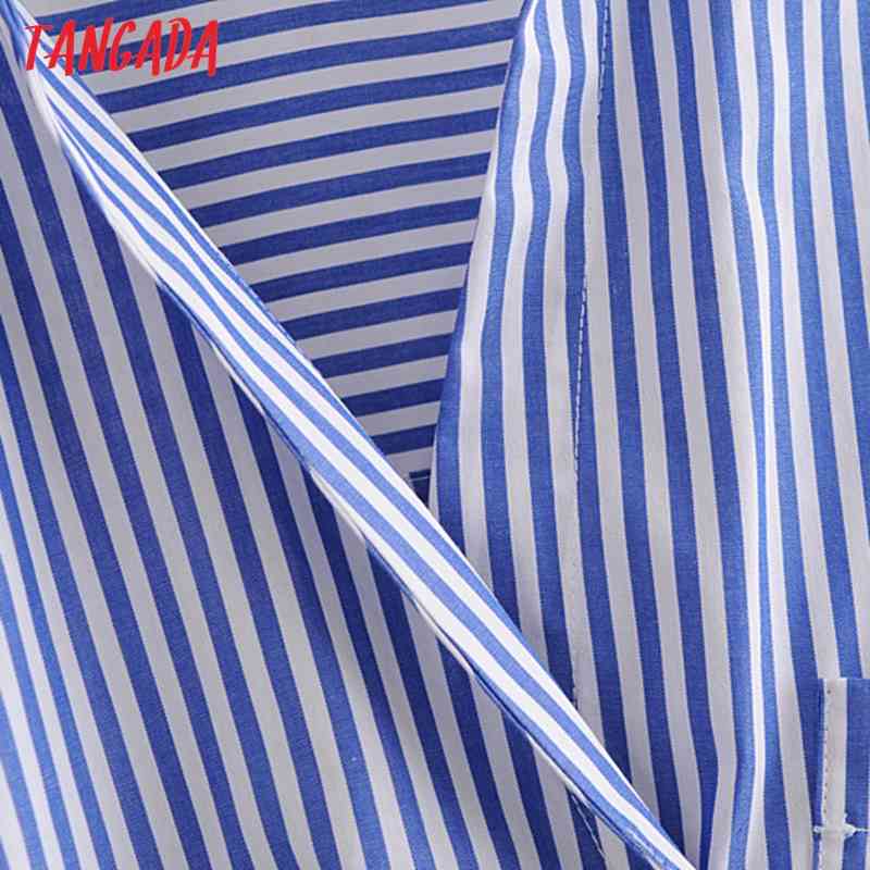 Women Retro Blue Striped Print Crop Long Sleeve Chic Female Short Blouse Shirt Tops 3H75 210416