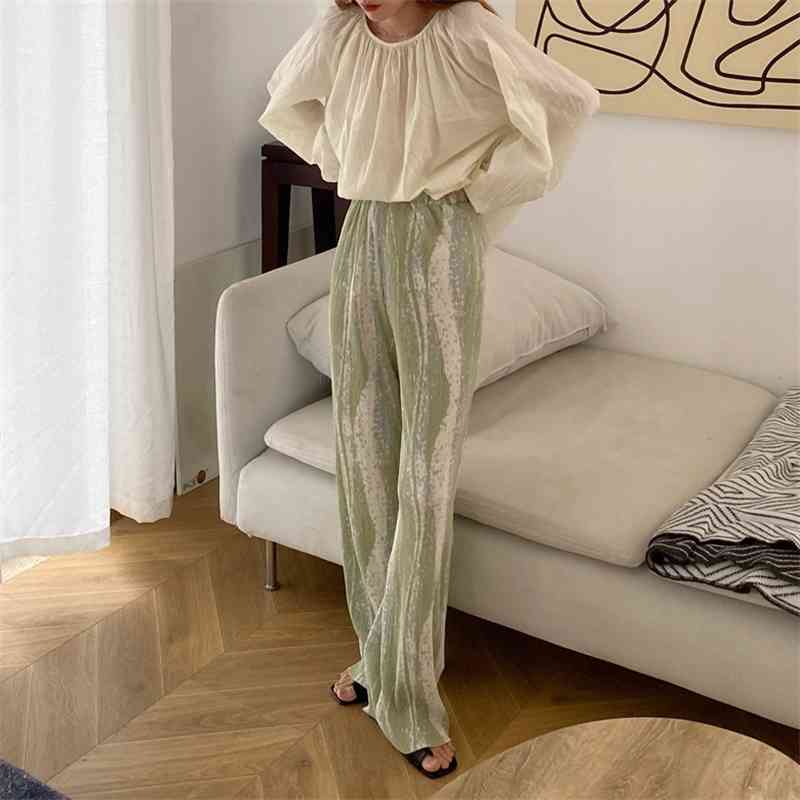 Rendering Women Fashion Wide-Leg Pants Summer Pleated Chic Trousers Korean Ladies Thin Striped Elastic High Waist 210520