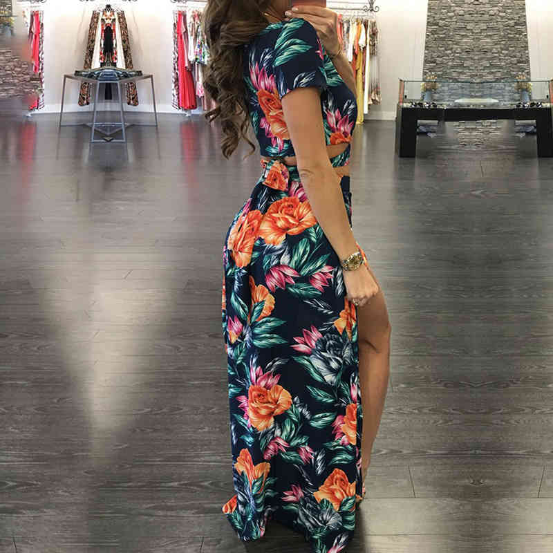 Sexy 2 Pieces Floral Printed Bikini Cover-ups Boho Long Summer Dress Vintage Tunic Women Beach Wear Swim Suit Cover Up A863 210420