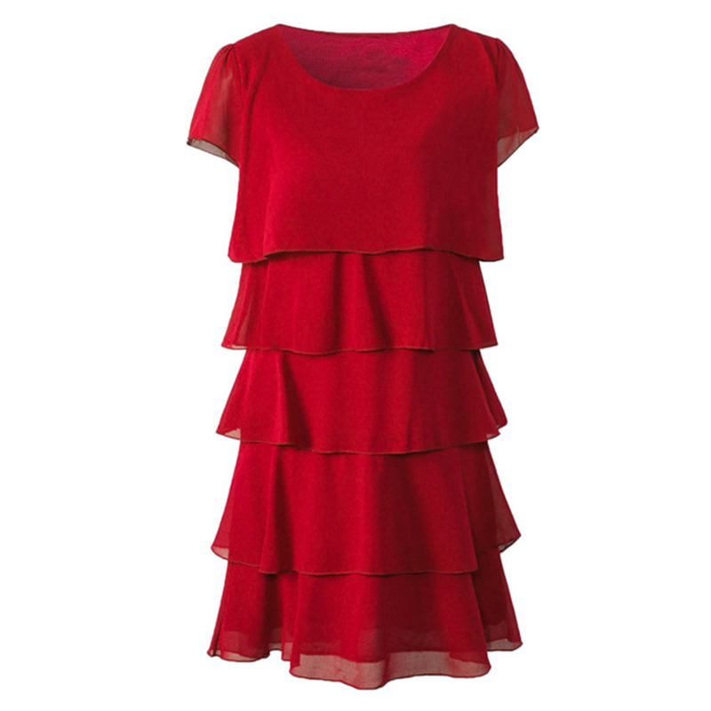 New Women Plus Size 5XL Summer Dress Loose Chiffon Cascading Ruffle Red Dresses Causal Ladies Elegant Party Cocktail Short 210409