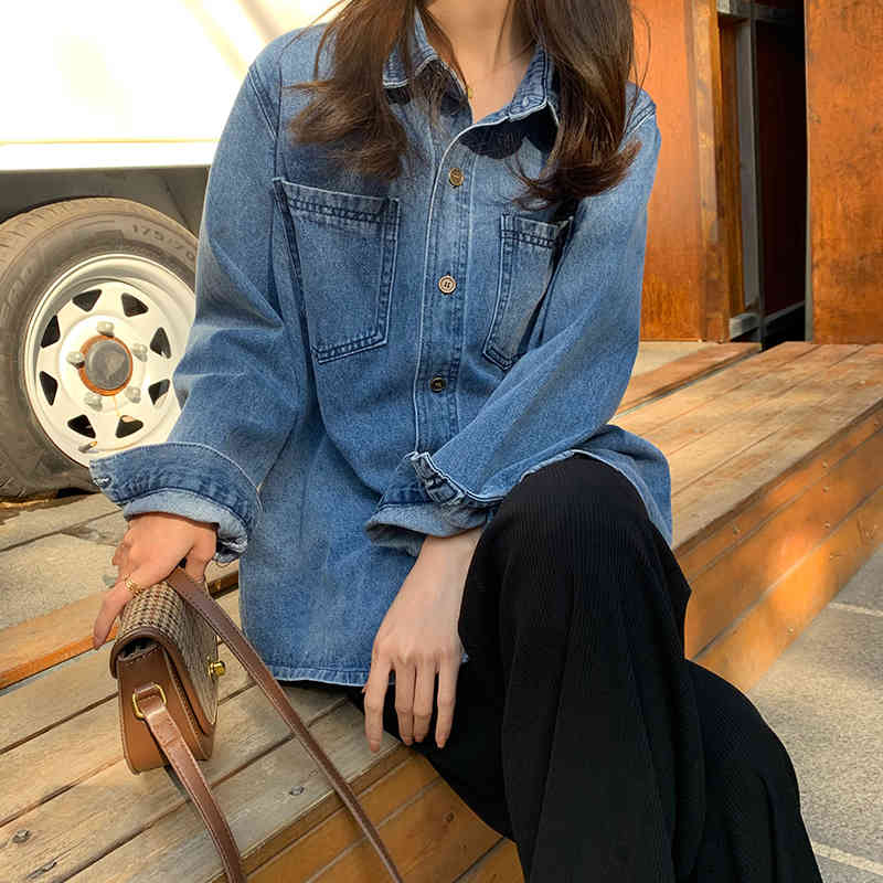 SML Vintage Denim Shirt Women Korean Long Sleeve Single Breasted Basic Jeans Blouse Pocket Femme (78627 210423