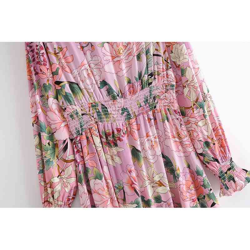 Bohemia Elastic Ruched Turtleneck Pink Floral Print Swing Long Dress Hippie Women Stretch Waist Midi Dresses Holiday Autumn 210429