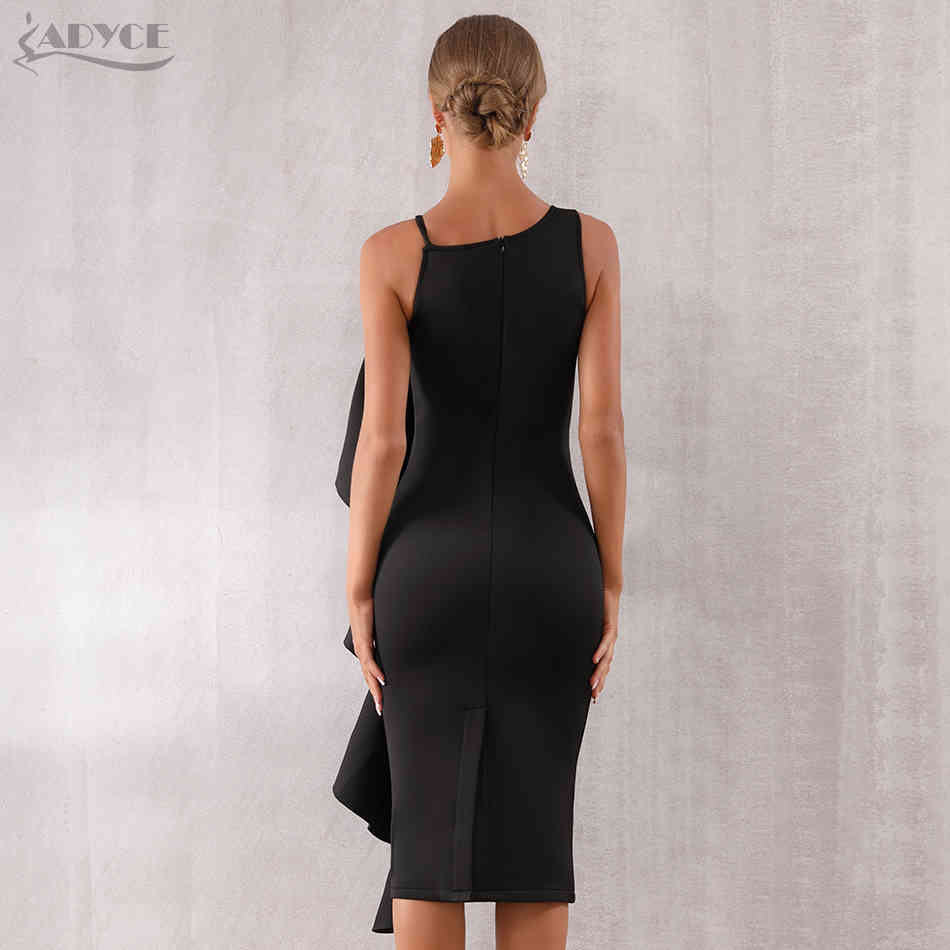 Summer Women Celebrity Evening Runway Party Dress Vestidos Sexy Sleeveless Ruffles Black Midi Bodycon Club 210423