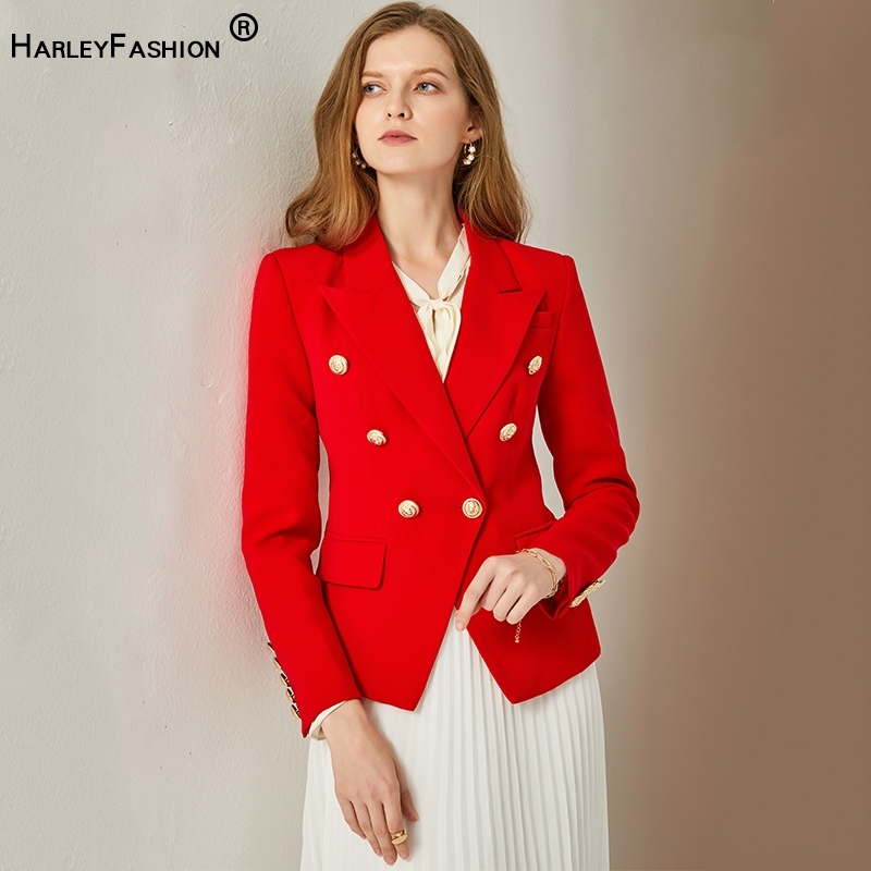 HarleyFashion European American Women Casual Blazer Double Breasted High Quality Plus Size Red Blazers 210330