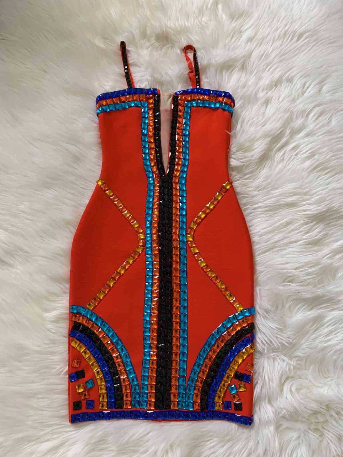 High Quality Orange Slip Mantual Beading Sparkly Rayon Bandage Dress Elegant Club Party Dress Vestidos 210409