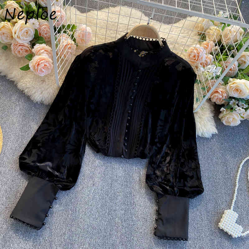 Elegant Lace Hook Flower Loose Blouse Women Stand Collar Lantern Long Sleeve Blusas Spring Shirt Feminino 210422