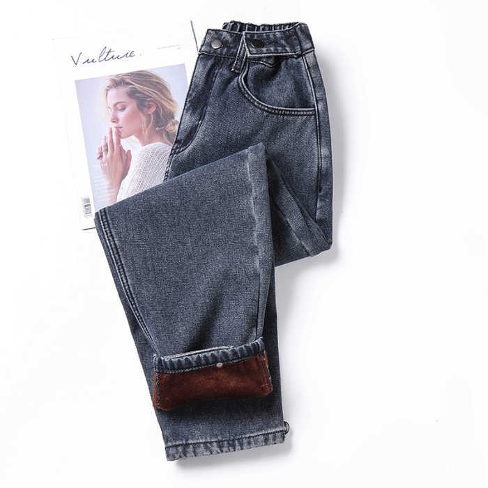 Woman High waist with elastic buttons Jeans Autumn Winter Velvet Thickening Harem Pants Loose Wide Leg Ankle Length Female 210922