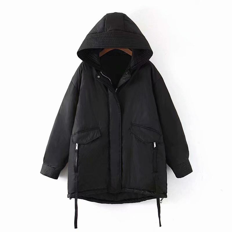 Casual Women Loose Black Hooded Thicken Coat Fashion Winter Ladies Warm Zipper Outerwear Female Cool Oversized Jacket 210515