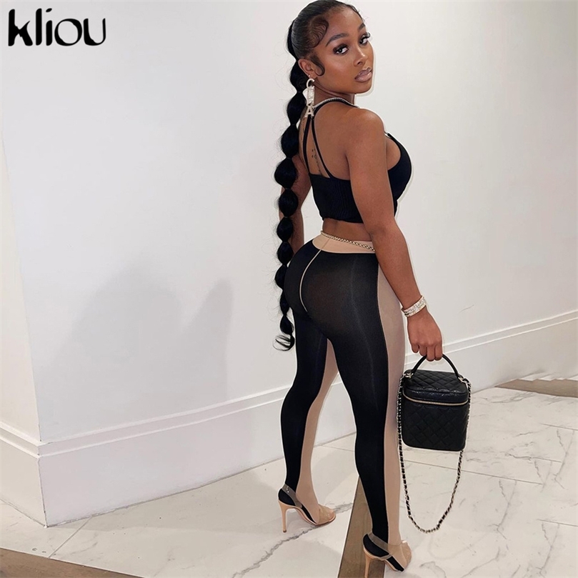Kliou Mesh Patchwork Foot Leggings Skinny Body-Shaping Medium Waist Street Style Female Fashion Sexy Hipster High Trouser 211204