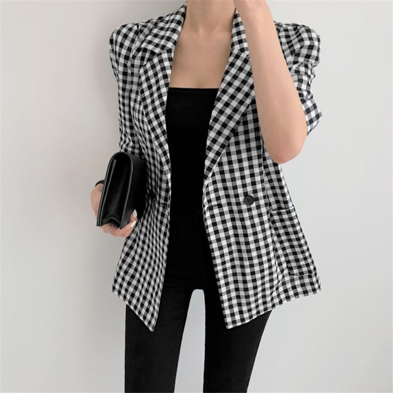 Vintage Plaid Suit Blazer Jacket Loose Elegant Summer Blazers Fashion Office Lady Short Sleeve Women Coat Tops 210421