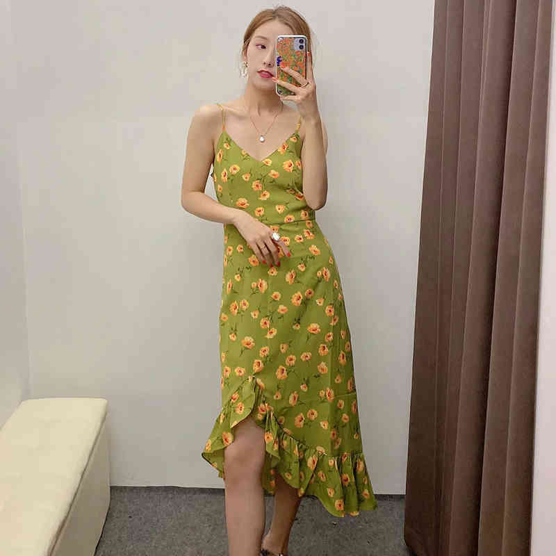 Boho Floral Print Ruffle Midi Dress Women Spaghetti Strap Summer Beach Backless Sleeveless Asymmetrical es 210515