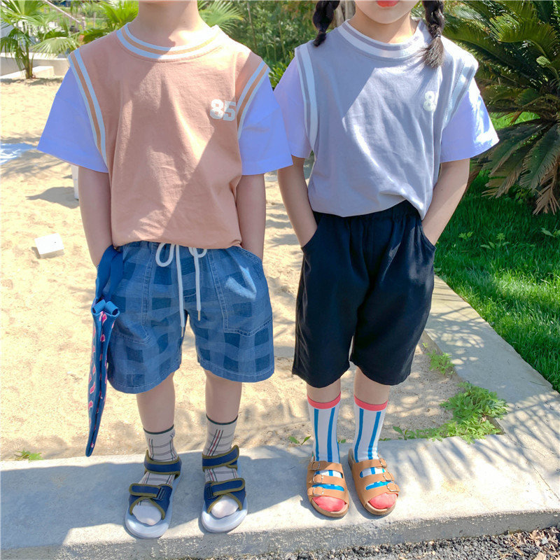 Korean style boys fashion plaid loose denim knee length pants 2-7 years kids casual all-match jeans 210508