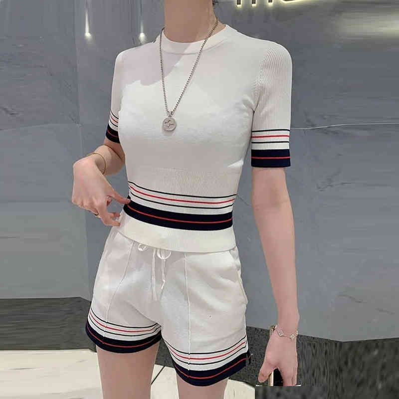 Women's Tracksuits Summer Slim Short Sleeve Two-Piece Suit Women Knitwear T-Shirt And Elastic Waist Pants Contrast Color Stripe Se, White 
Women's Tracksuits Summer Slim Short Sleeve Two-Piece Suit Women Knitwear T-Shirt And Elastic Waist Pants Contrast Color Stripe Se, White