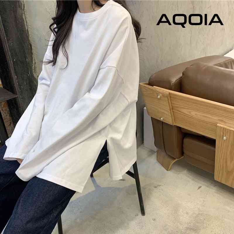 AQOIA Streetwear Y2K Long Sleeve White Black Women T Shirt Plus Size Loose ops Autumn irregular Split Female Shirts 210521